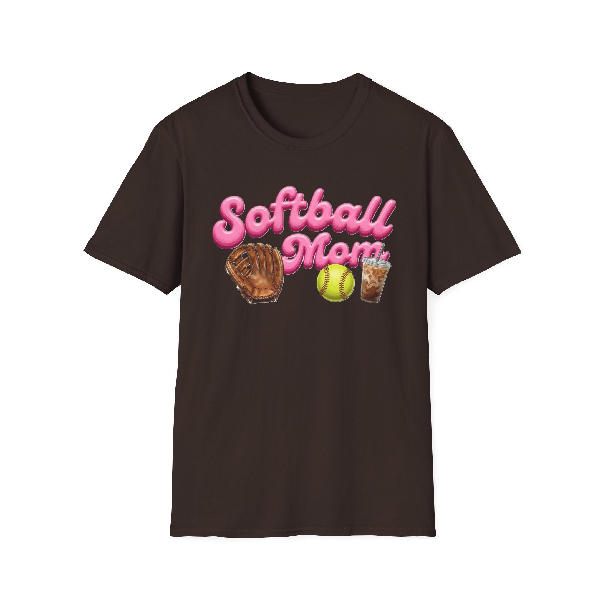 Softball Mom T-Shirt — Pink Script with Glove, Ball & Drink Graphic