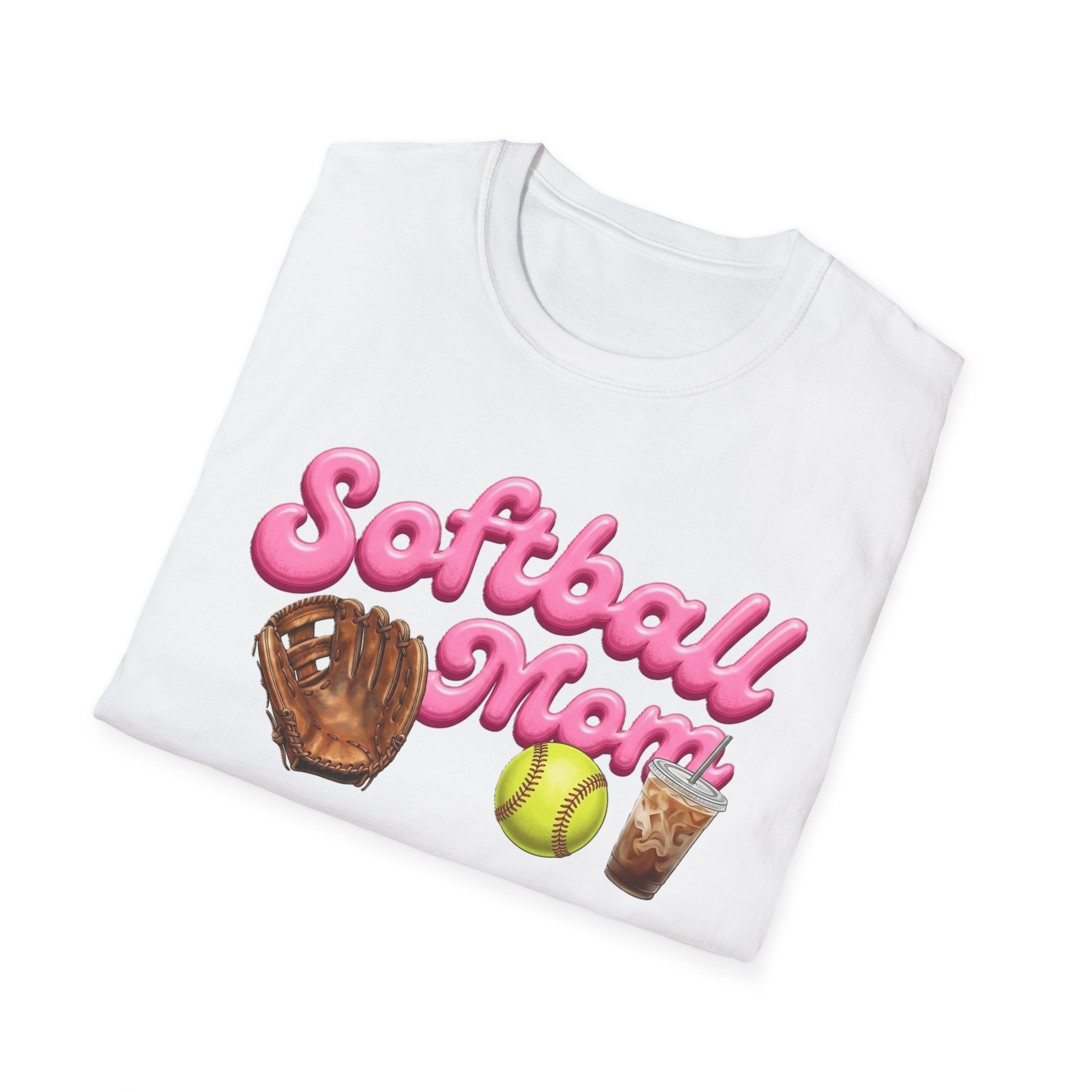 Softball Mom T-Shirt — Pink Script with Glove, Ball & Drink Graphic
