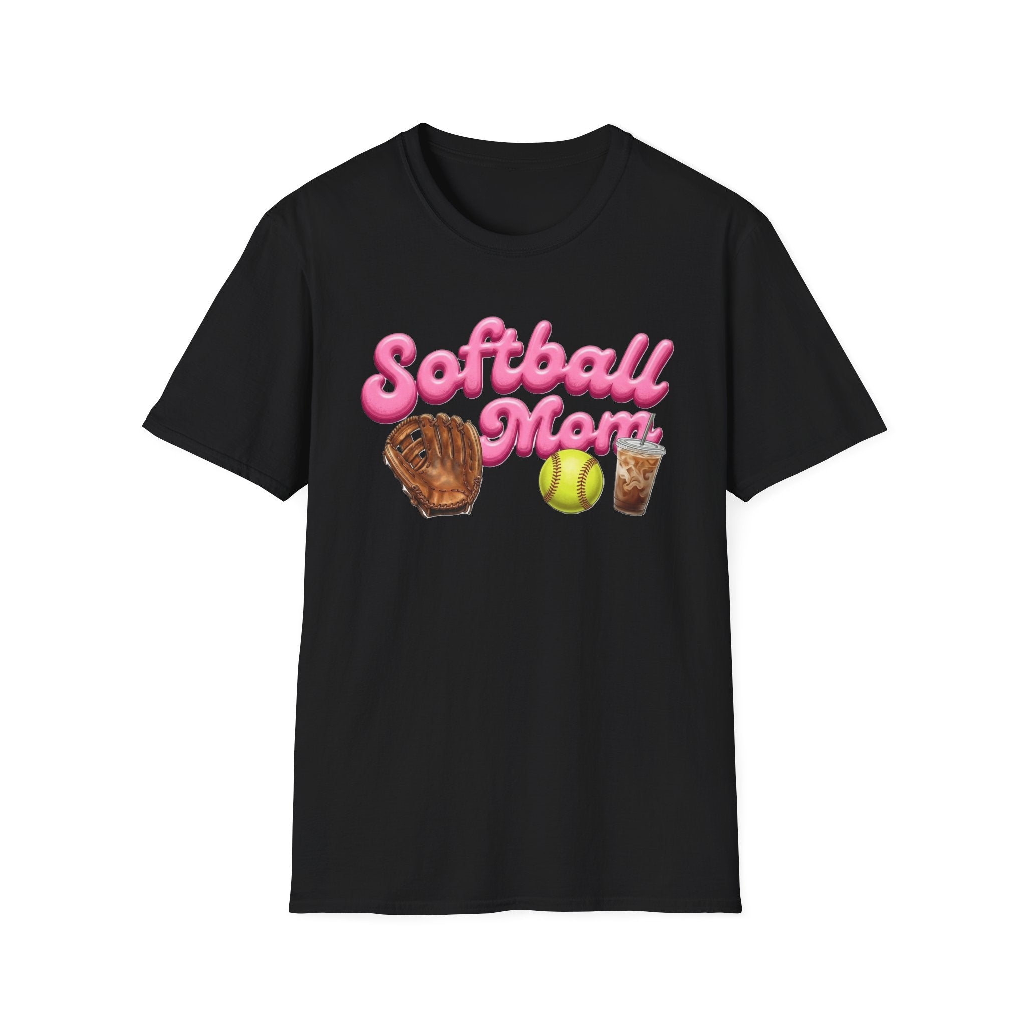 Softball Mom T-Shirt — Pink Script with Glove, Ball & Drink Graphic