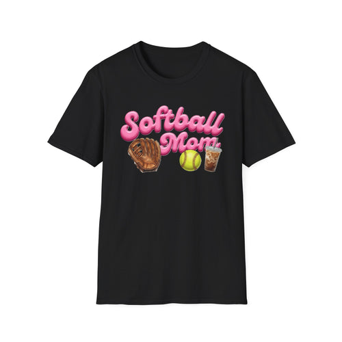 Softball Mom T-Shirt — Pink Script with Glove, Ball & Drink Graphic