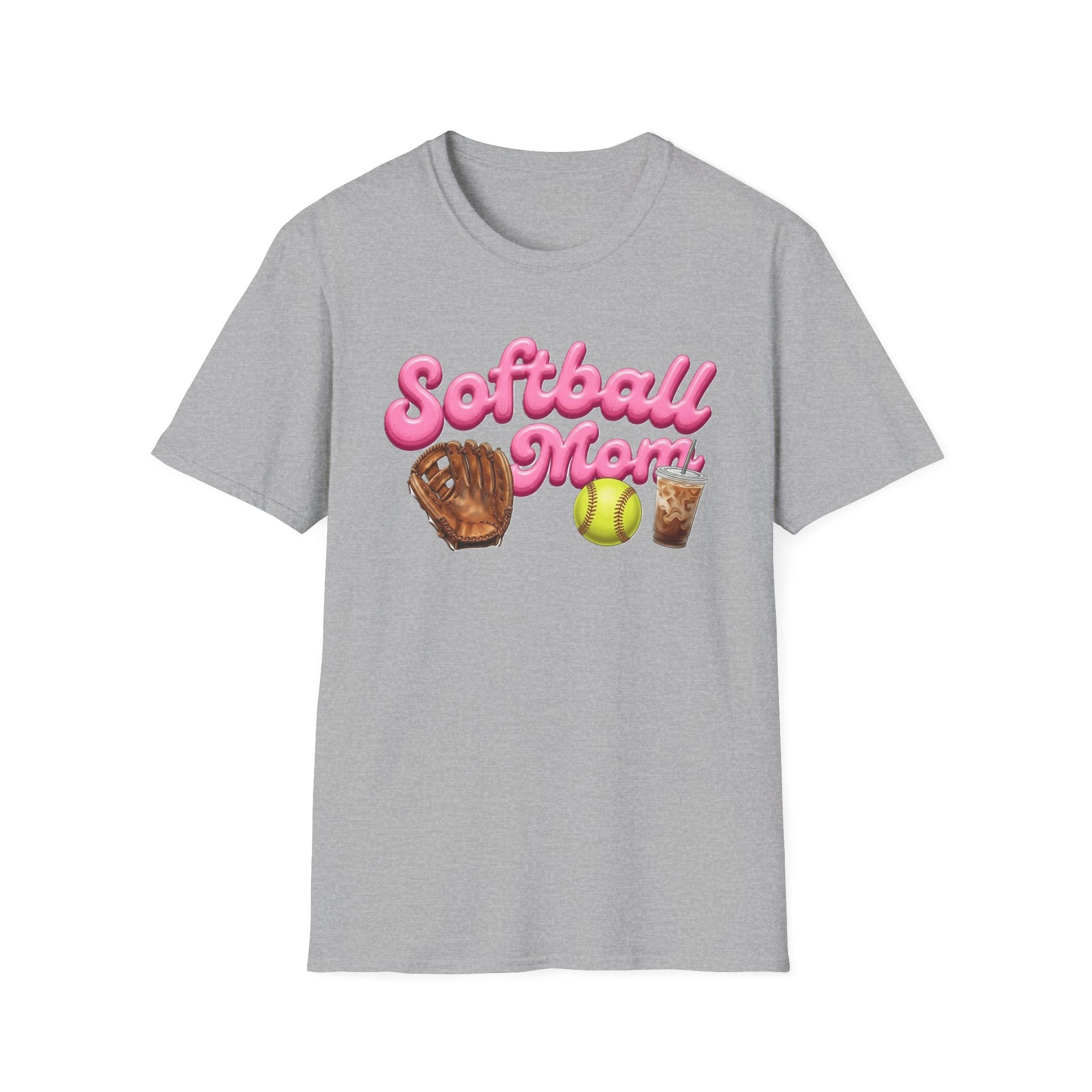 Softball Mom T-Shirt — Pink Script with Glove, Ball & Drink Graphic