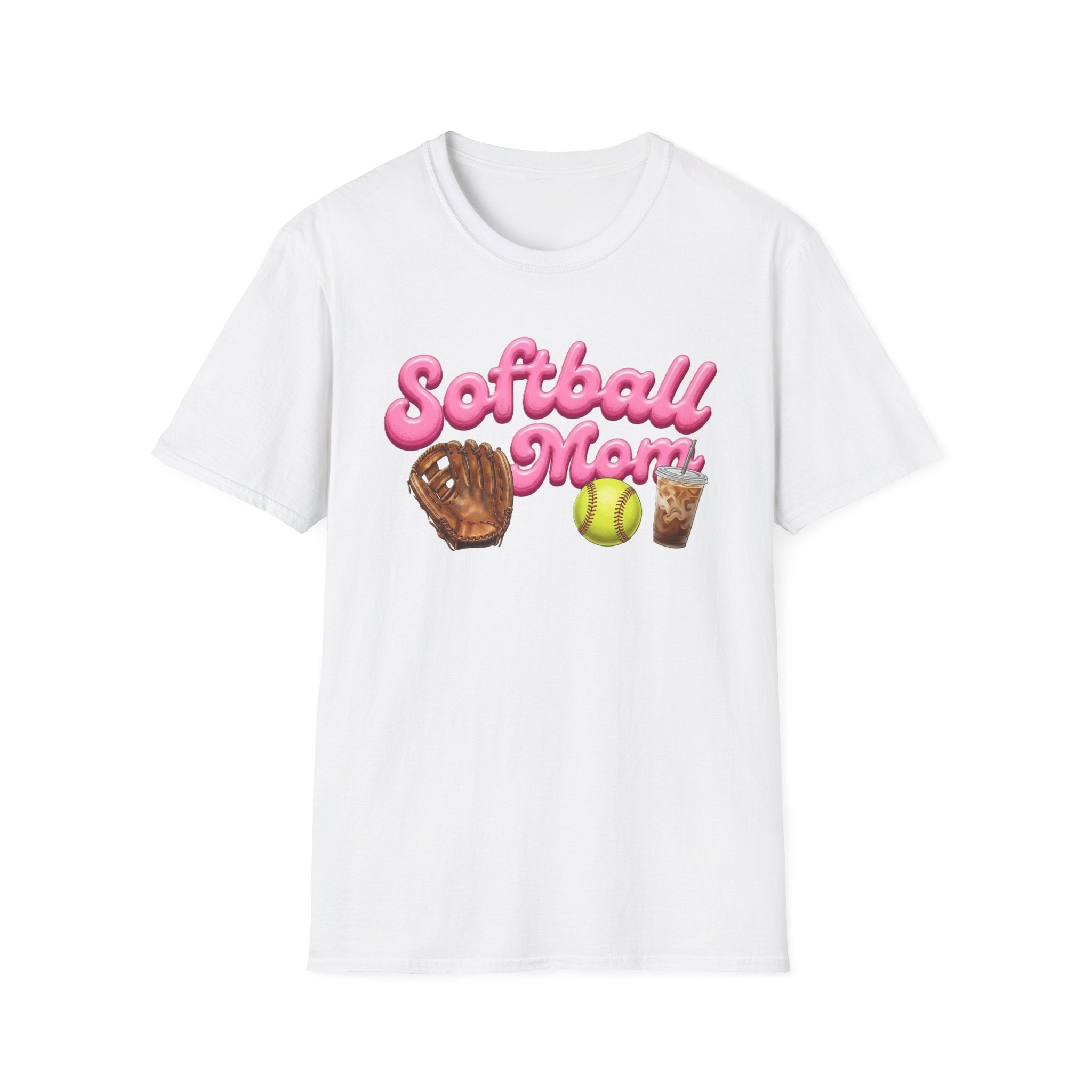 Softball Mom T-Shirt — Pink Script with Glove, Ball & Drink Graphic