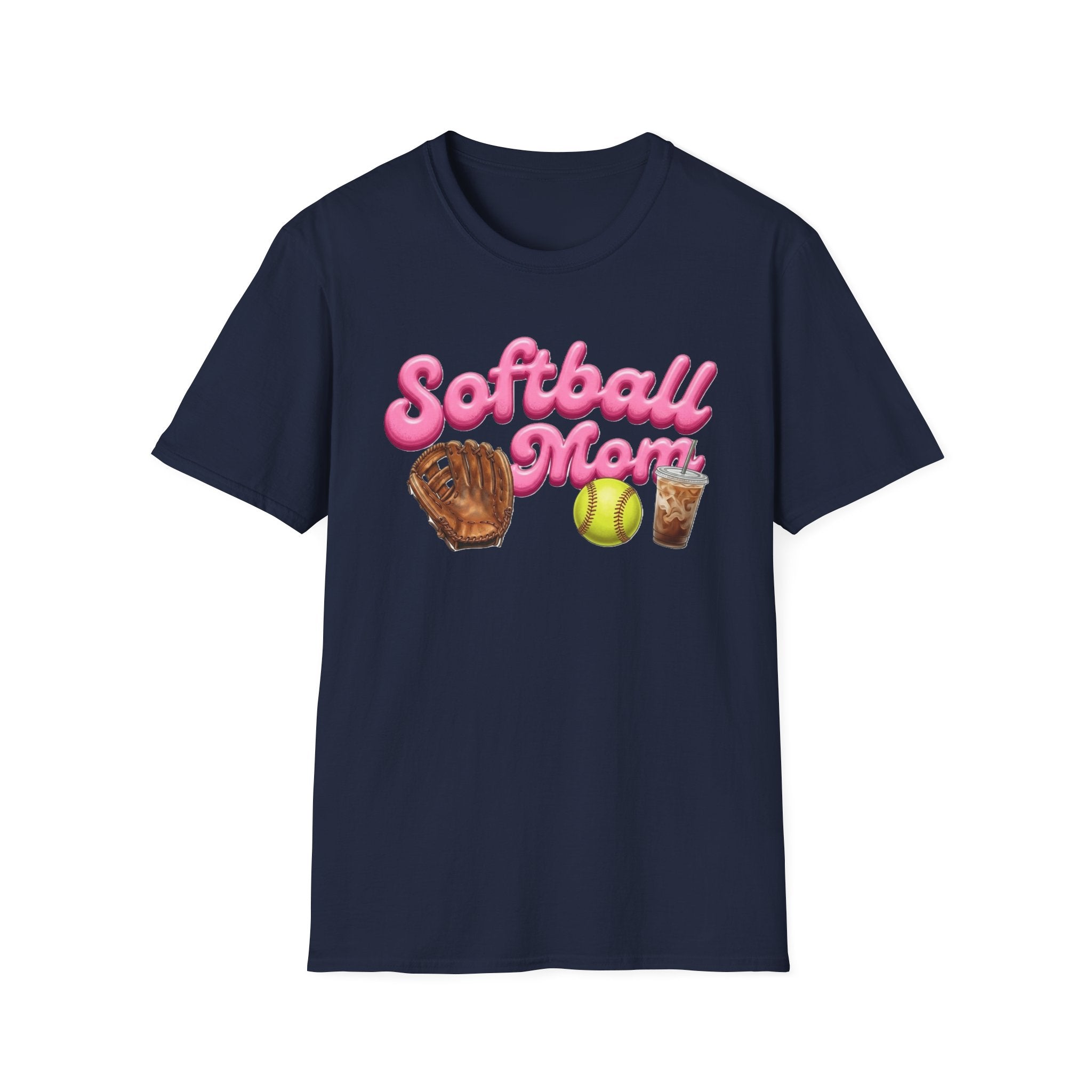 Softball Mom T-Shirt — Pink Script with Glove, Ball & Drink Graphic
