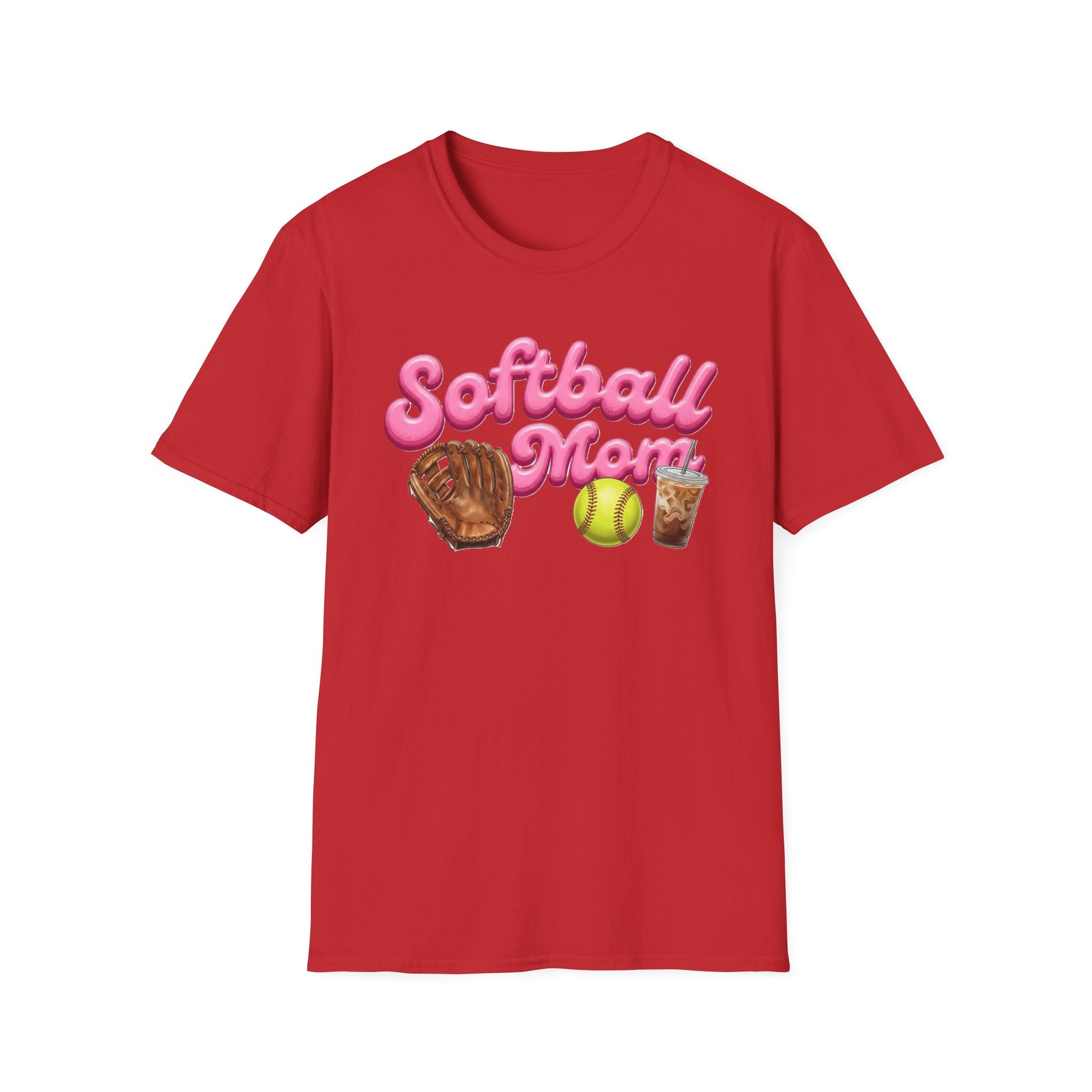 Softball Mom T-Shirt — Pink Script with Glove, Ball & Drink Graphic