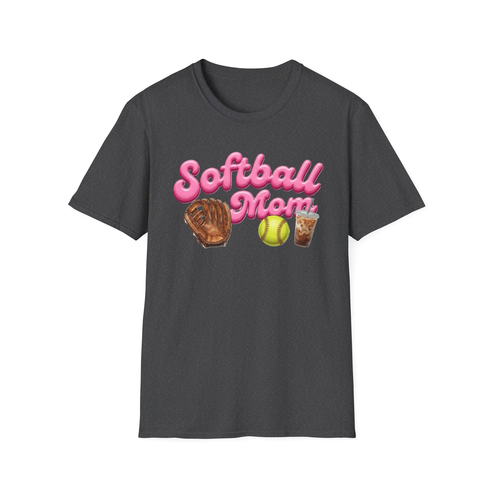 Softball Mom T-Shirt — Pink Script with Glove, Ball & Drink Graphic