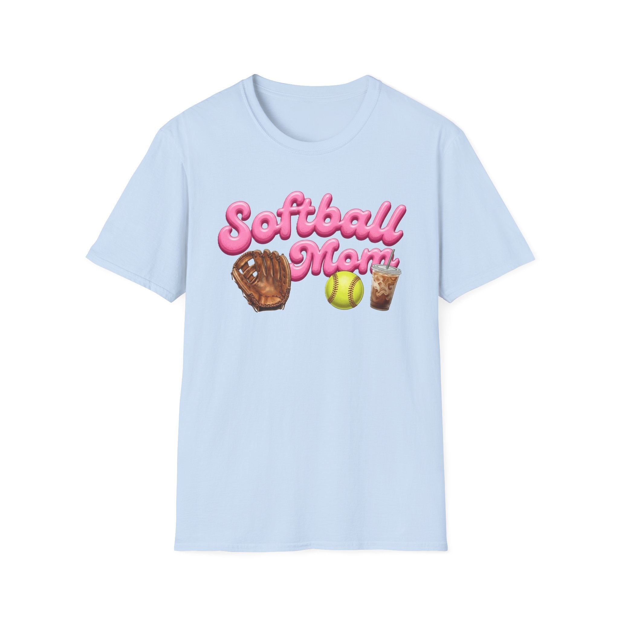 Softball Mom T-Shirt — Pink Script with Glove, Ball & Drink Graphic