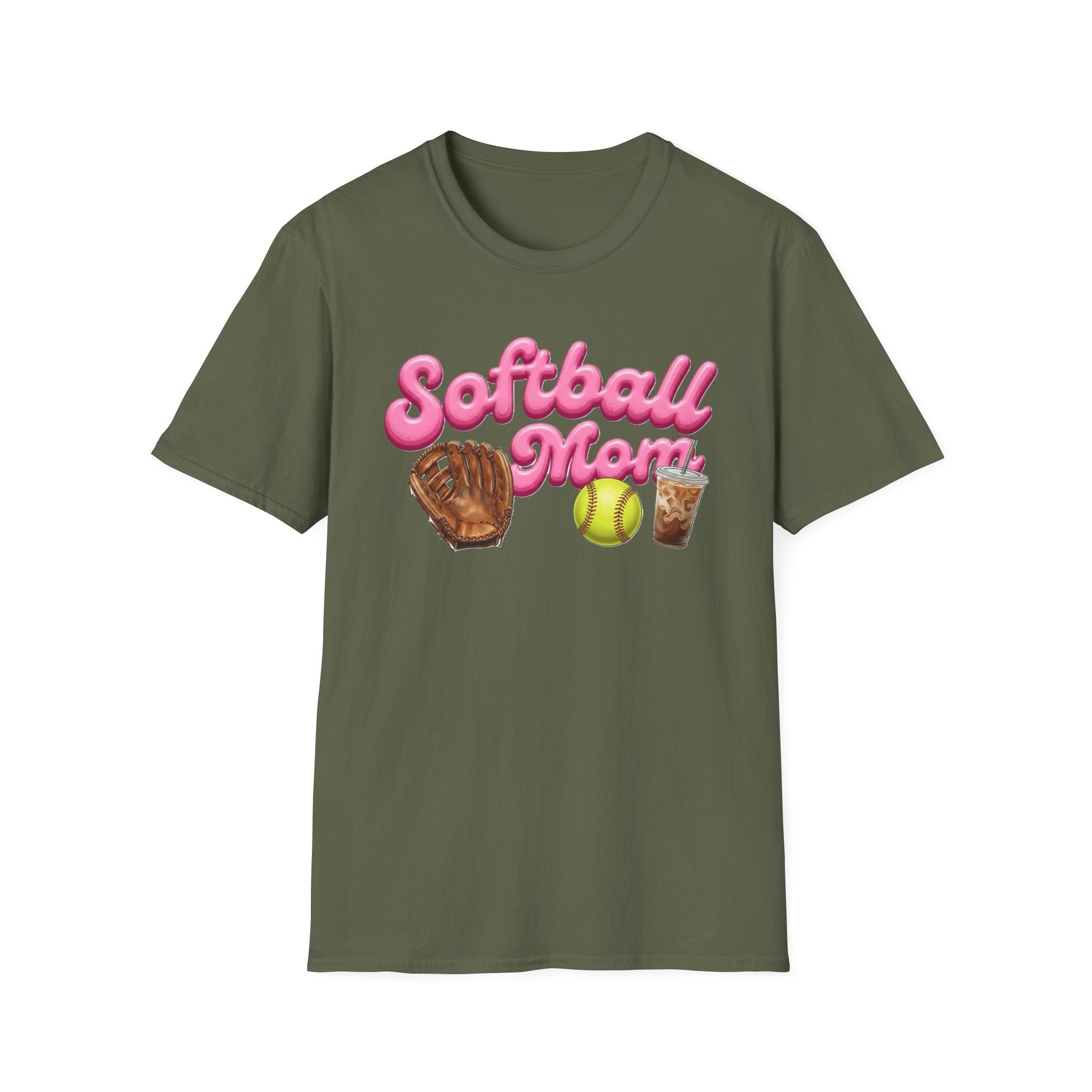 Softball Mom T-Shirt — Pink Script with Glove, Ball & Drink Graphic