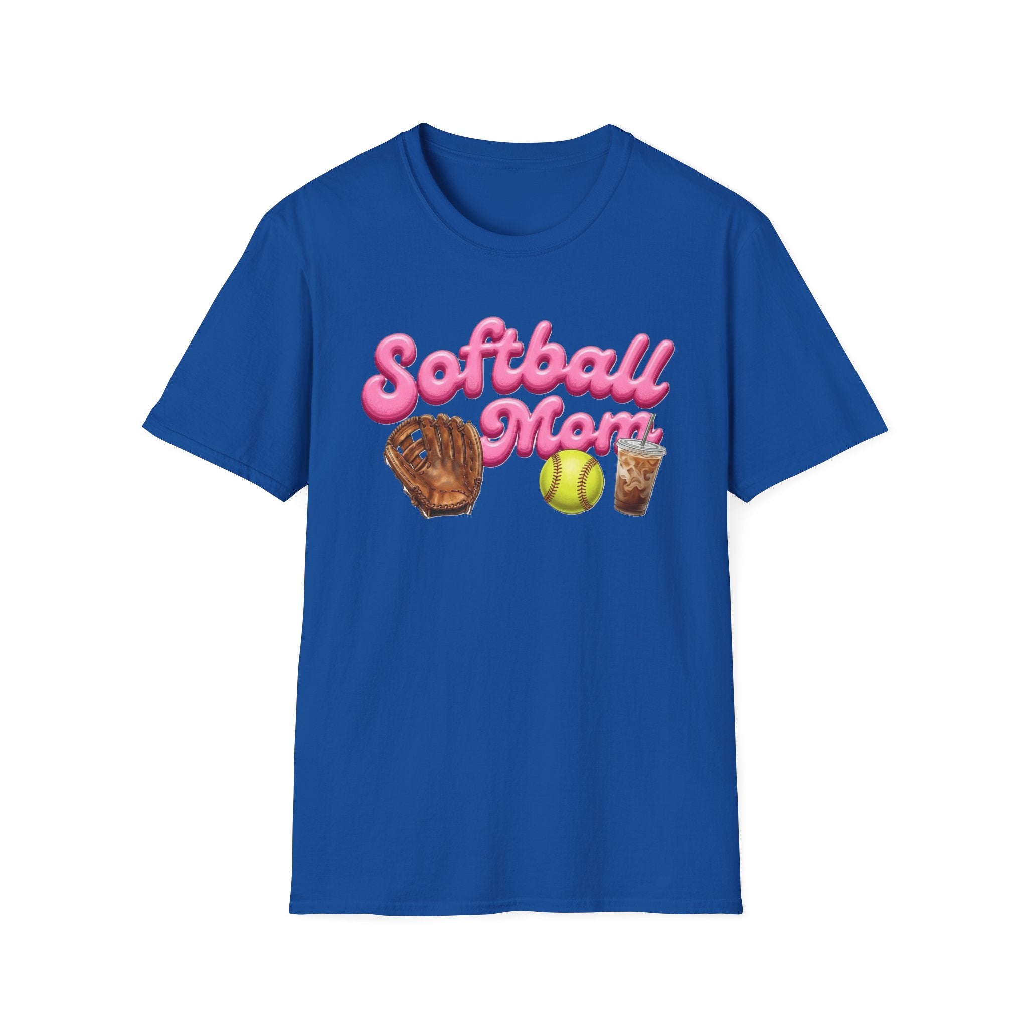 Softball Mom T-Shirt — Pink Script with Glove, Ball & Drink Graphic