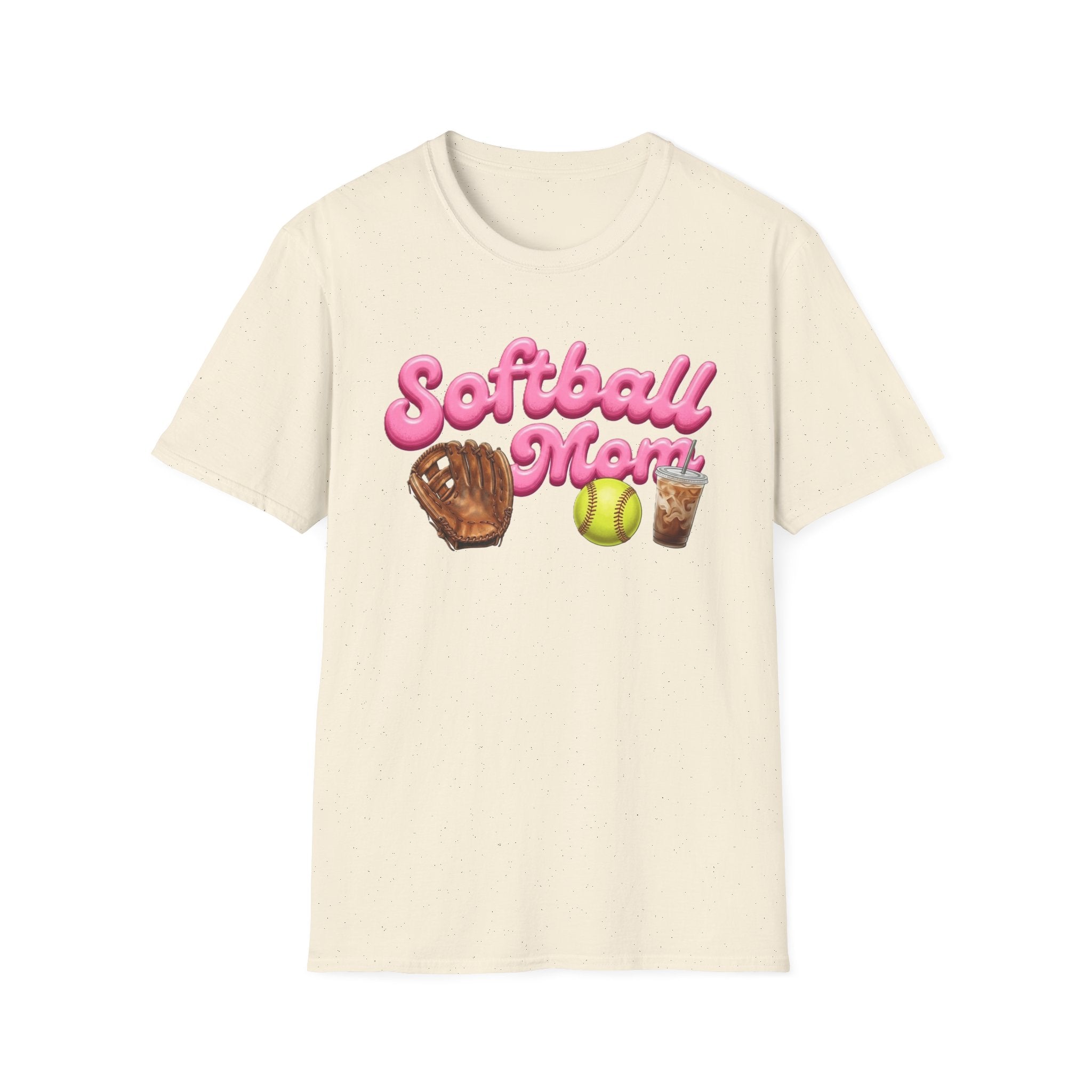 Softball Mom T-Shirt — Pink Script with Glove, Ball & Drink Graphic